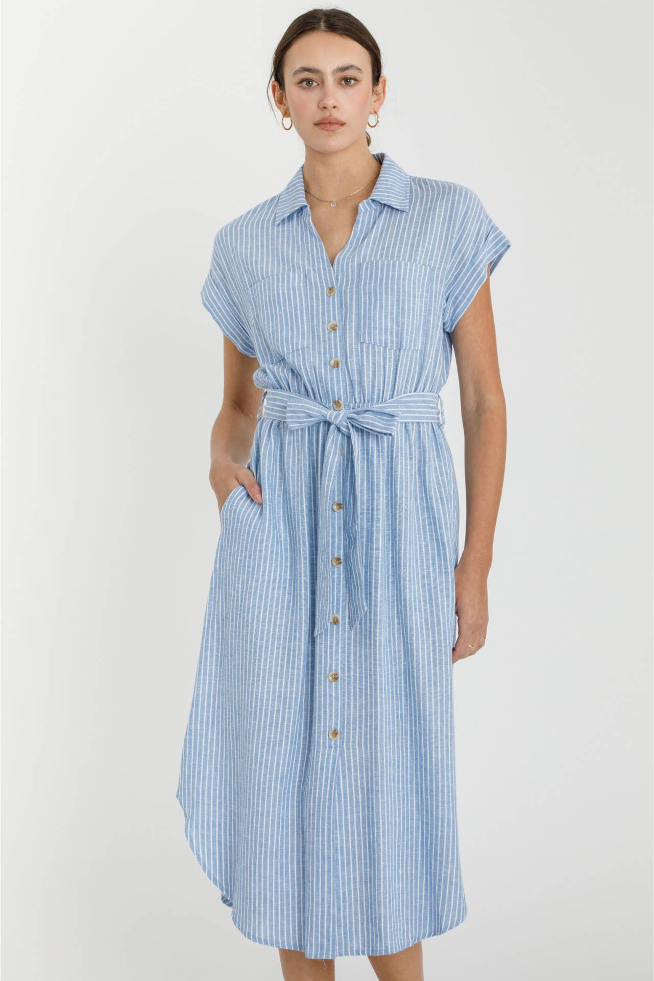 Striped Linen-Blend Utility Shirt Dress with Waist Tie - Front View | Blue & White Stripe