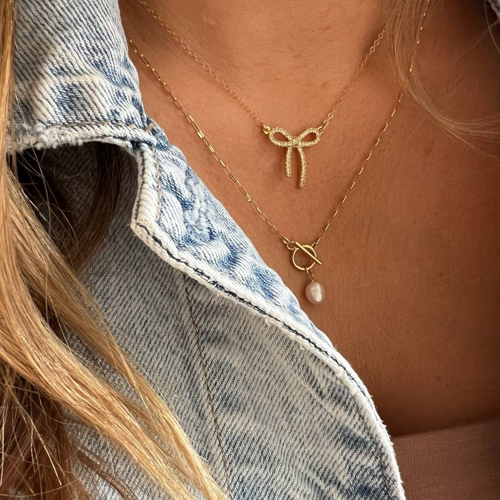 Another view of 14k Gold Filled Bow Necklace by True by Kristy – CZ Ribbon Pendant