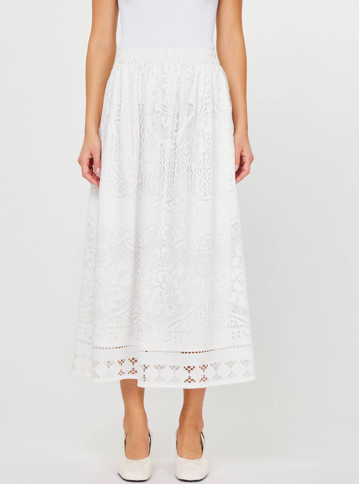 Elegant Lace Midi Skirt - Front View | White Lace with Elastic Waist