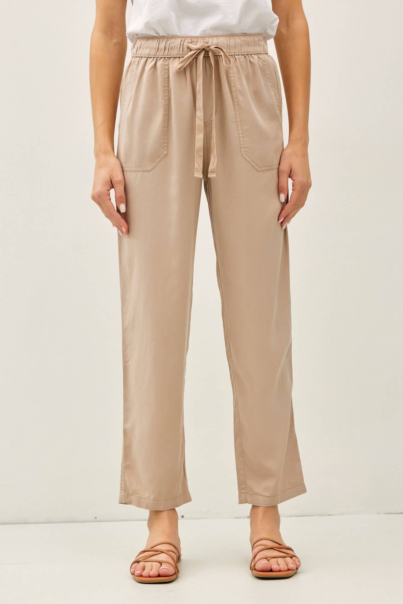 The Lara TENCEL Ankle Pants - Front View | Sand Color Pull-On Style