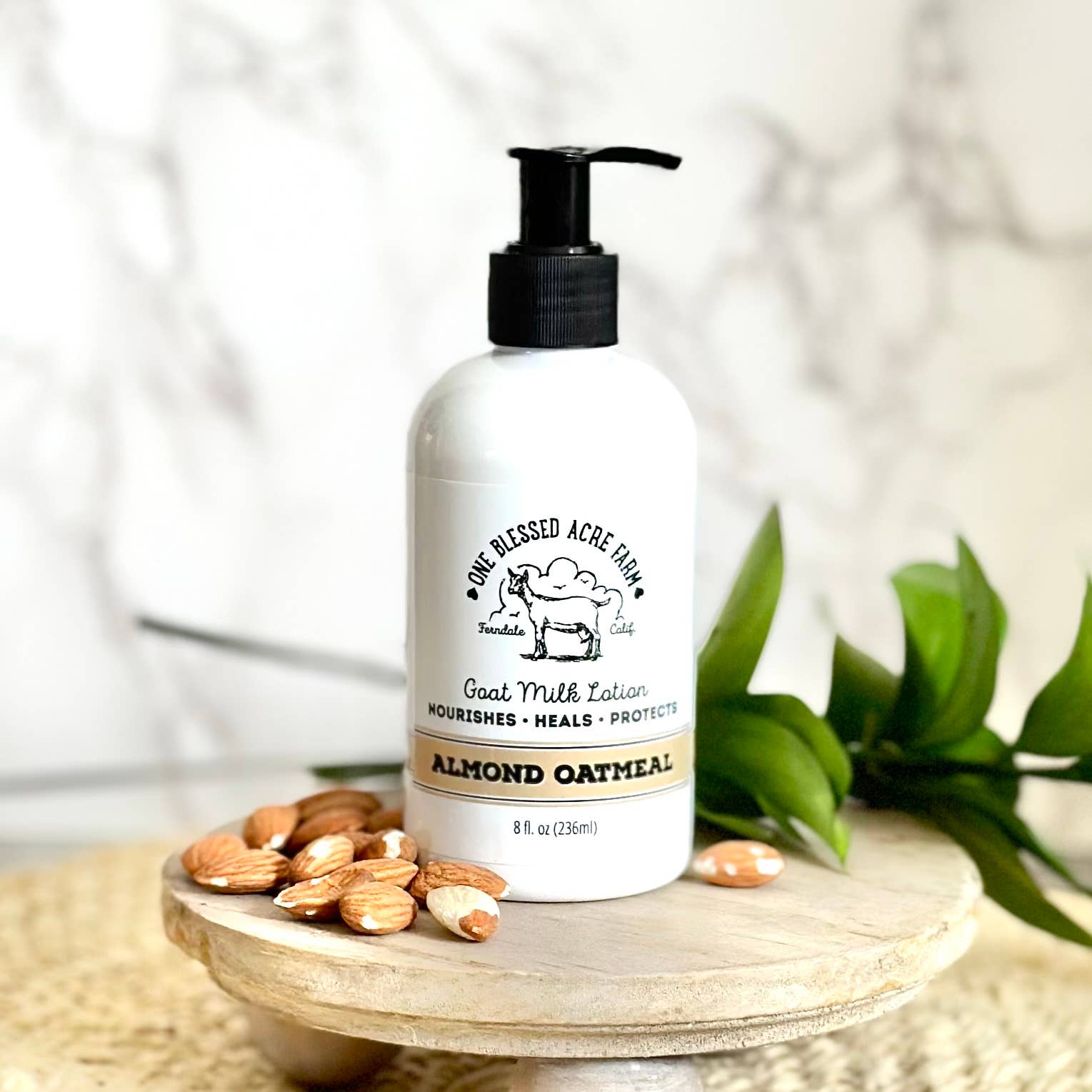 8 oz Almond Oatmeal Goat Milk Lotion by One Blessed Acre Farm with almonds and leaves on a wooden stand