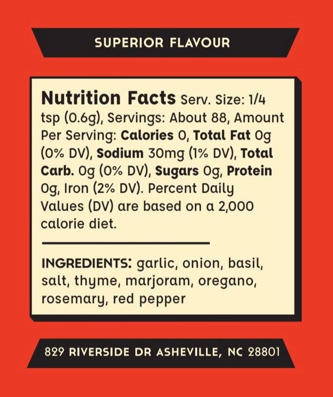 Nutrition label for Amore Italian Seasoning by Spicewalla – an Amore Herb Blend