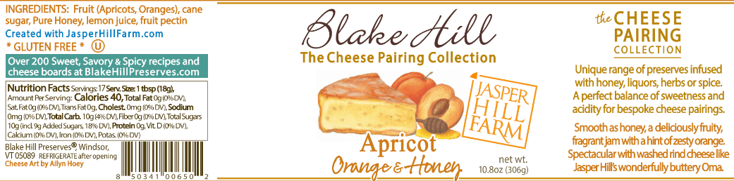 Nutrition/Ingredient label for Apricot Orange Honey Jam by Blake Hill Preserves – a gourmet citrus fruit preserve