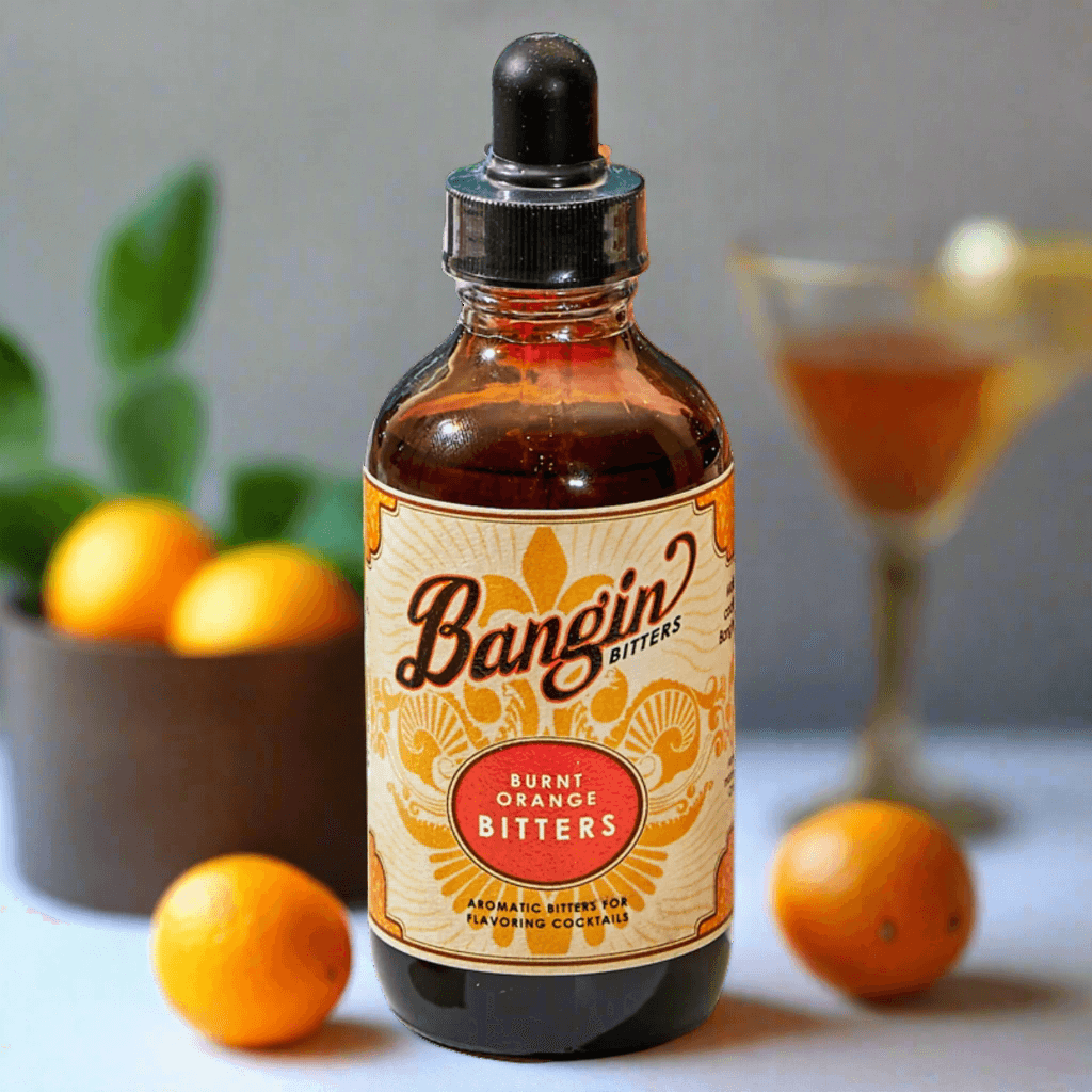 Bangin' Bitters Burnt Orange Bottle by Yes Coktail Co set in front of oranges and orange cocktail