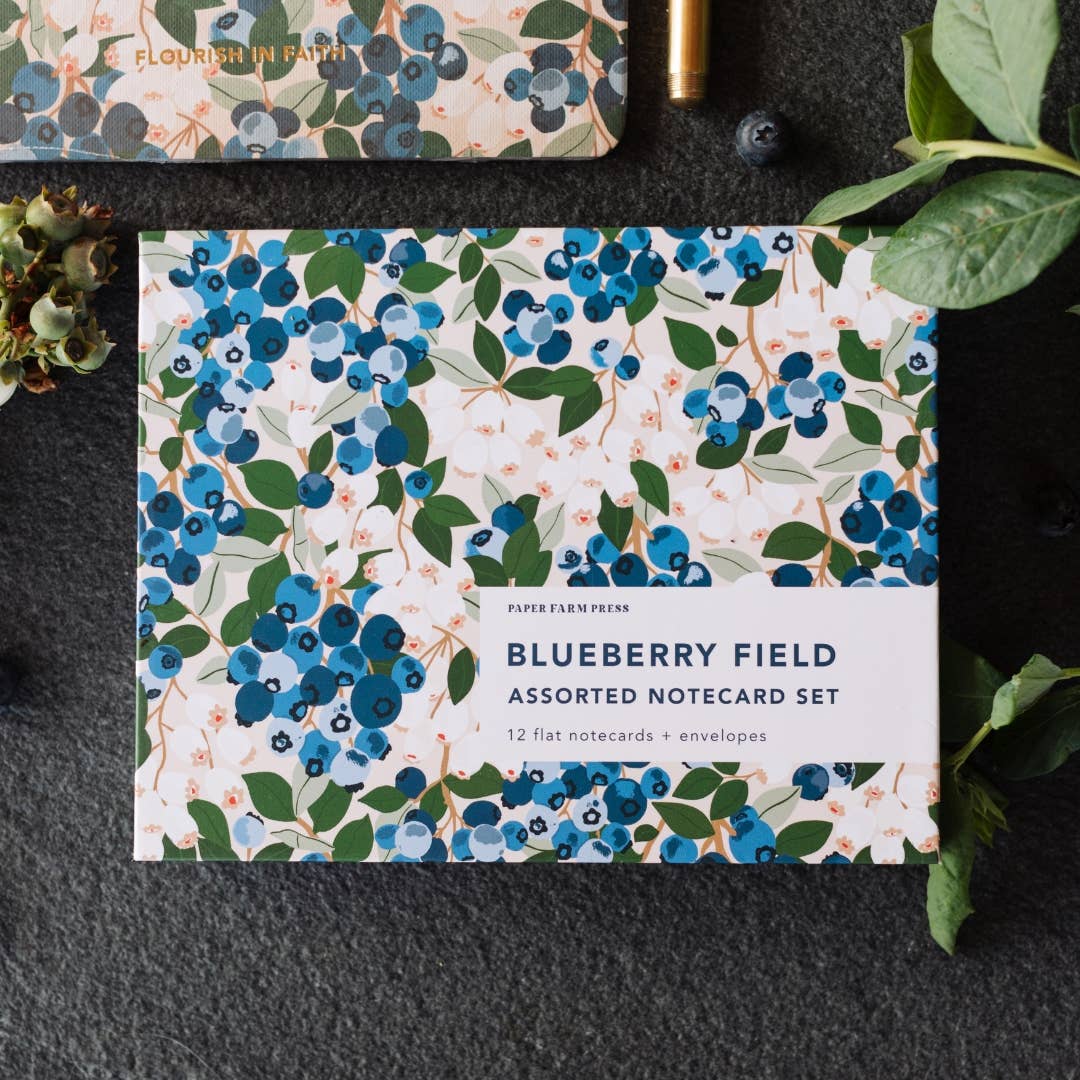 Up-close picture of the box for Blueberry Notecard Set by Paper Farm Press