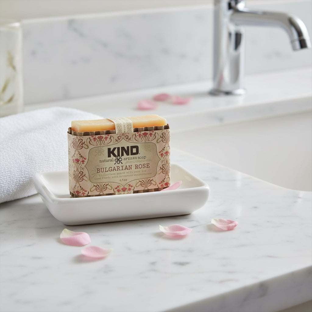 Kind Apothecary Bulgarian Rose Natural Artisan Soap Bar being used in a bathroom setting