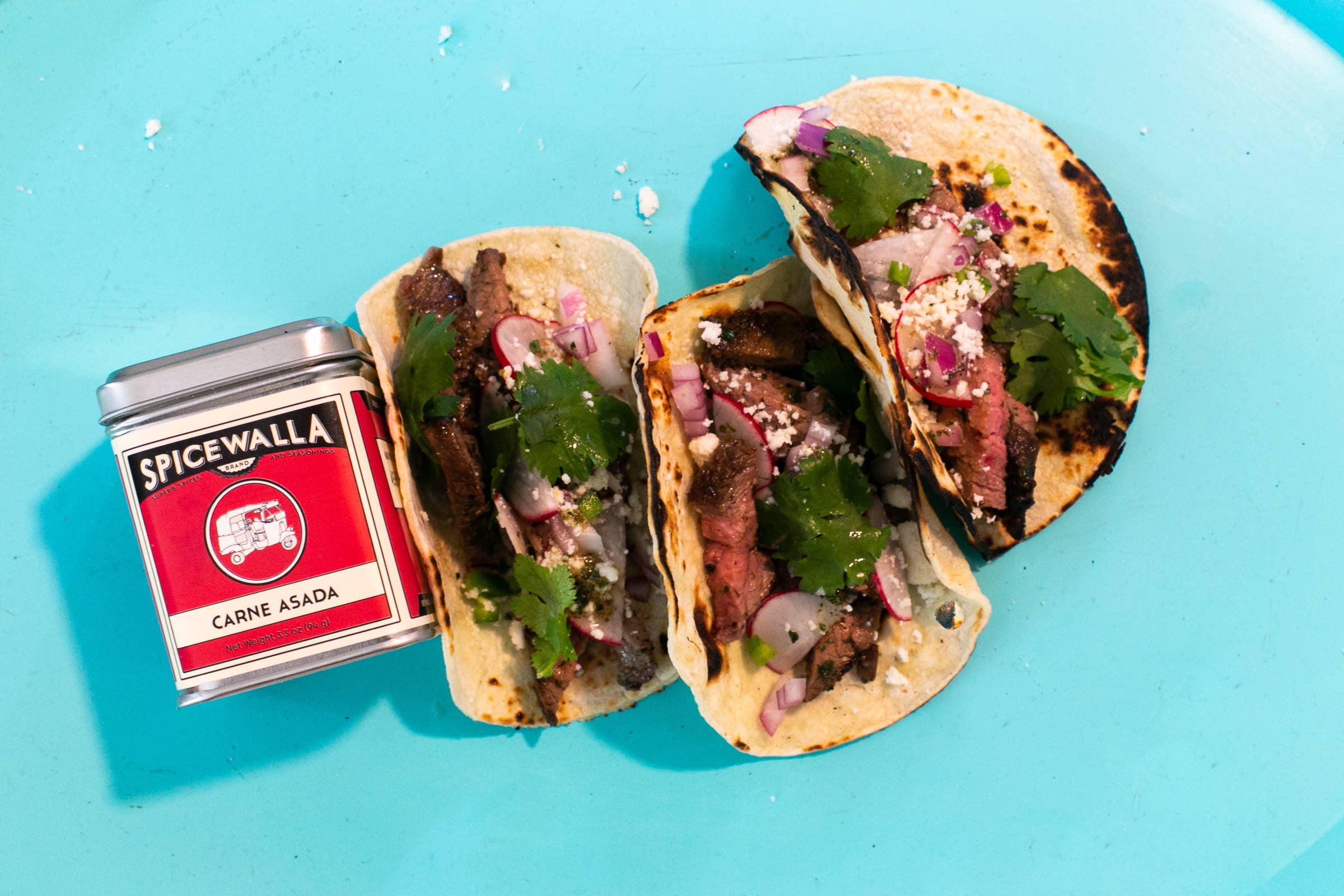 Tacos made with Carne Asada Rub by Spicewalla – a bold Latin grill seasoning