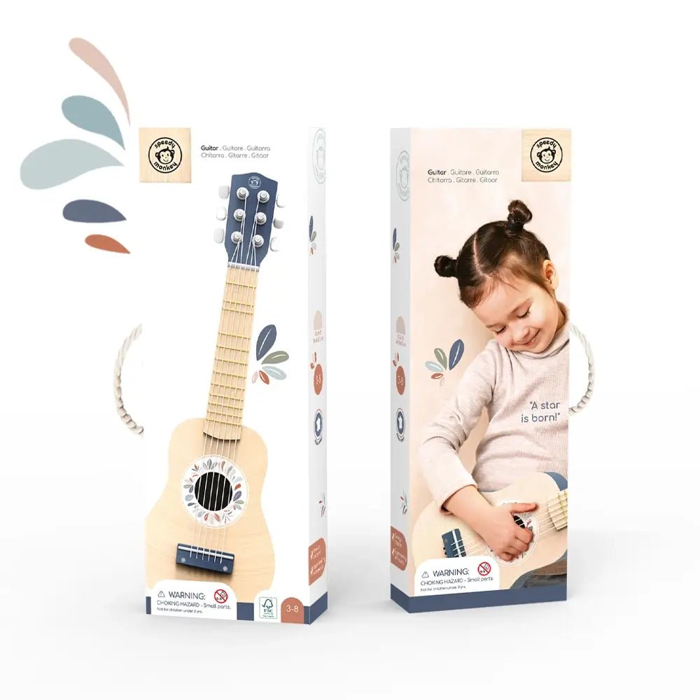 Packaging for the Children's Guitar by Speedy Monkey – a wooden toy guitar for kids.