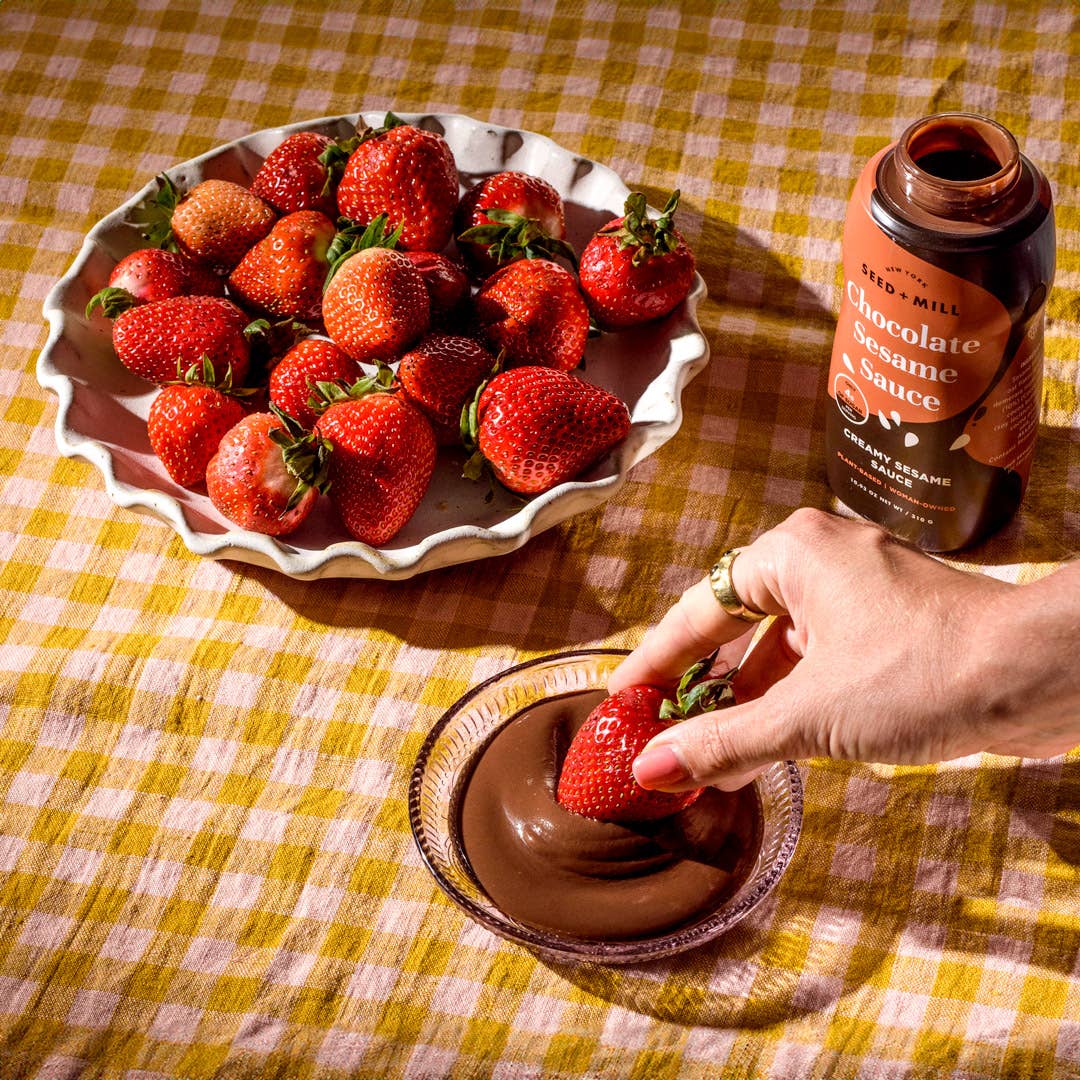 Strawberries dipped in Chocolate Sesame Sauce by Seed + Mill – vegan, nut-free, low-sugar