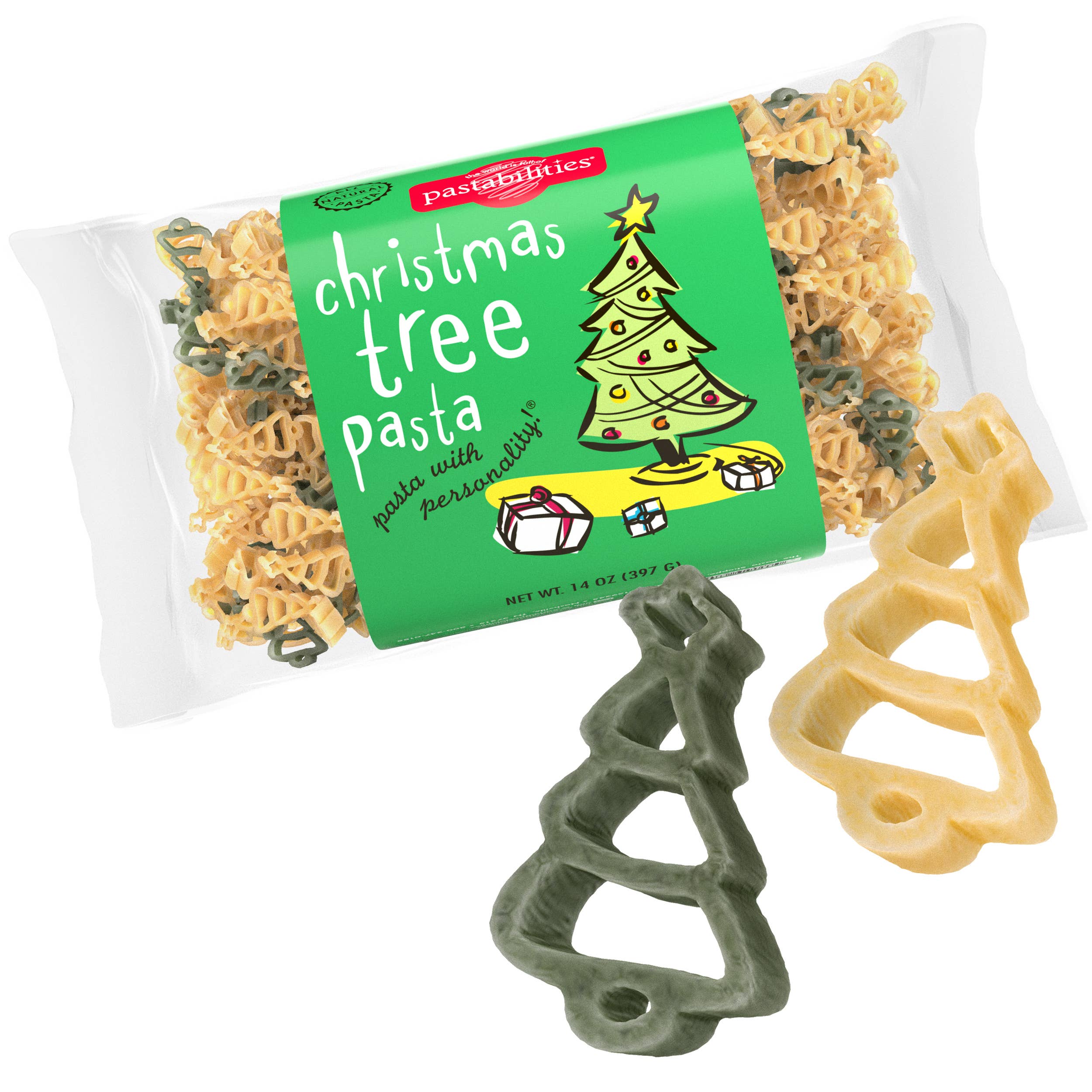 ChatGPT said:
Christmas Tree Pasta from Pastabilities, packaged in a festive design featuring green tree illustrations on a clean white background.