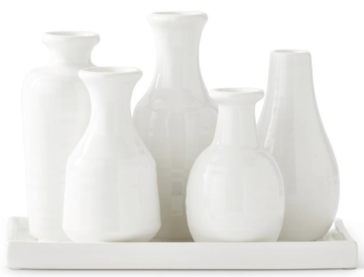 Cluster of 5 White Ceramic Vases with Attached Tray | Sudha's Emporium