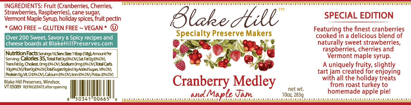 Label of Blake Hill Cranberry Medley and Maple Jam with ingredients and nutritional information.