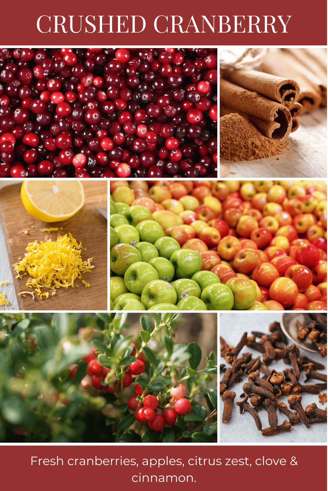 Collage of ingredients for a crushed cranberry recipe including fresh cranberries, apples, lemon zest, cinnamon, and cloves.