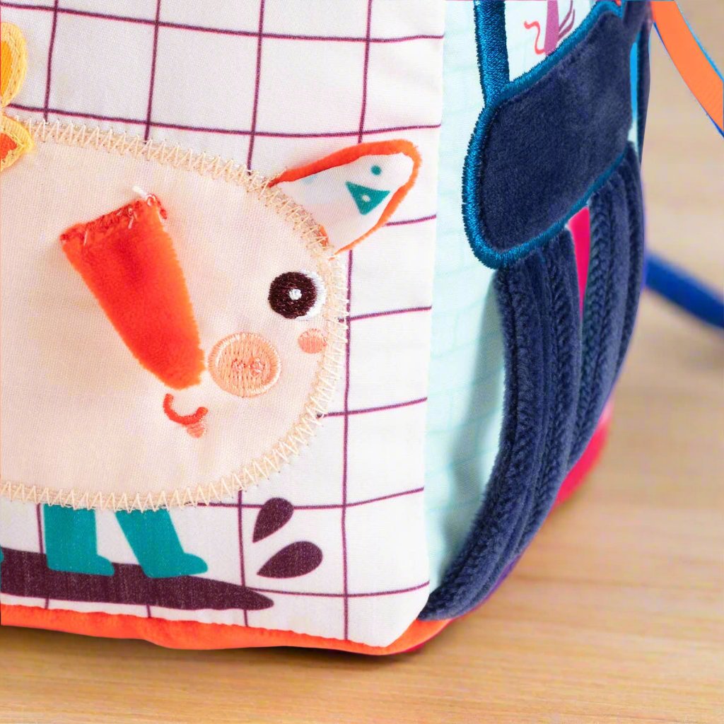 Close up of Farm Activity Sound Cube by Janod - Soft Sensory Toy with Animal Sounds
