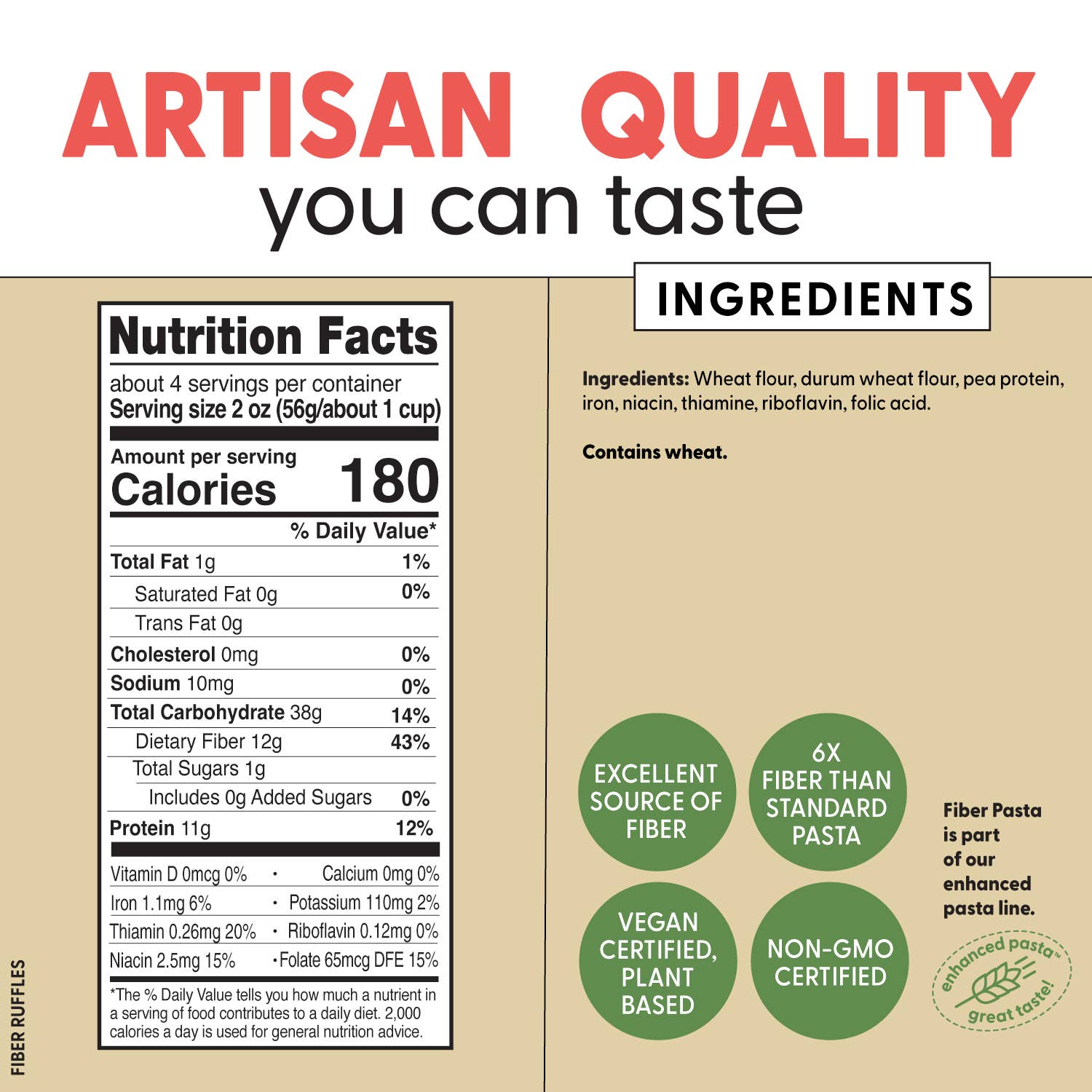 Nutrition Facts and Ingredients Label for Pastabilities Fiber Ruffles Pasta
