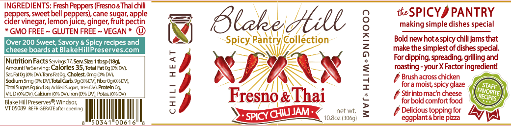 Nutrition/Ingredient Label for Fresno & Thai Spicy Chili Jam by Blake Hill Preserves – Fresno chili jam