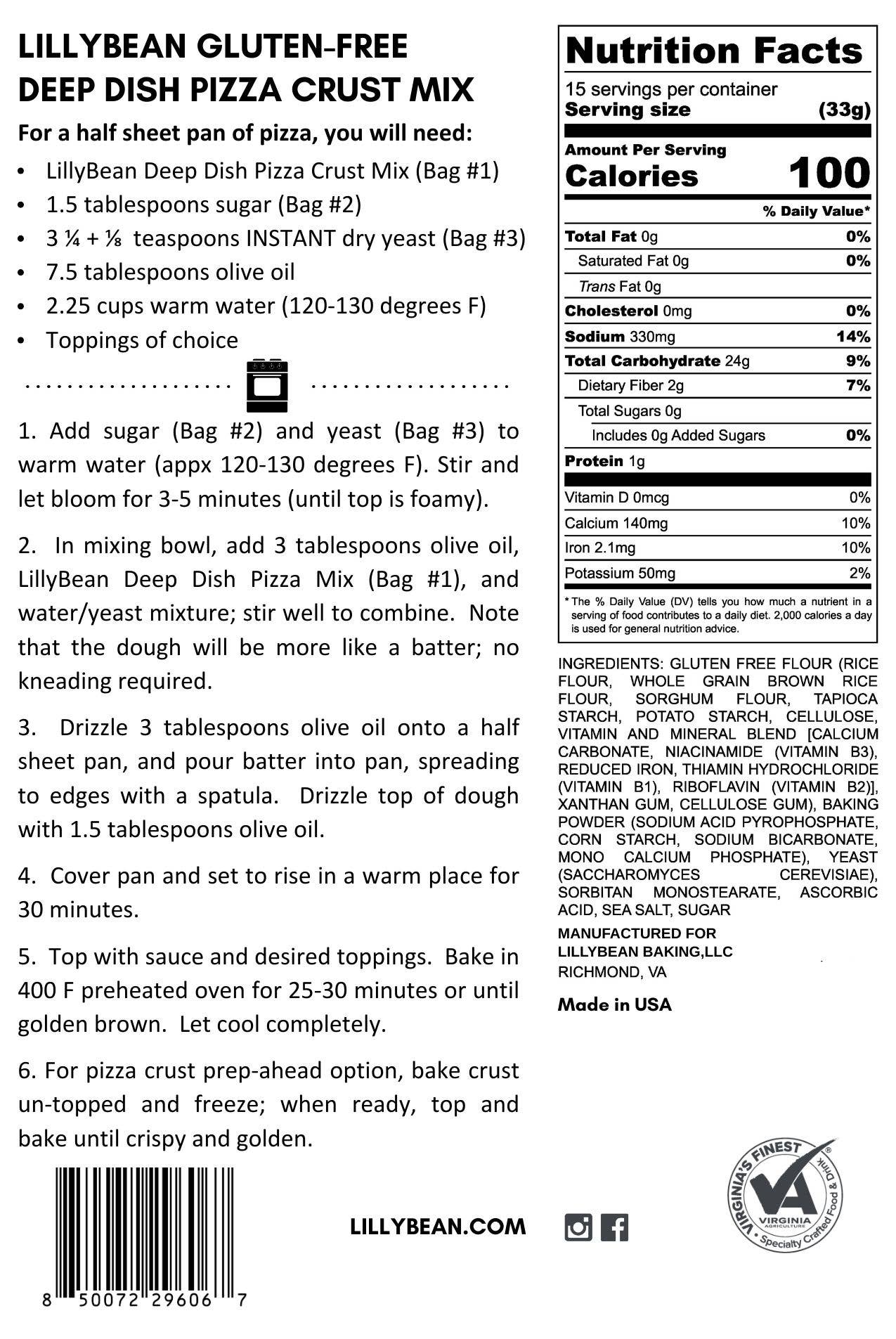 Nutrition label for Gluten-Free Deep Dish Pizza Crust Mix by LillyBean Baking – vegan, allergen-free