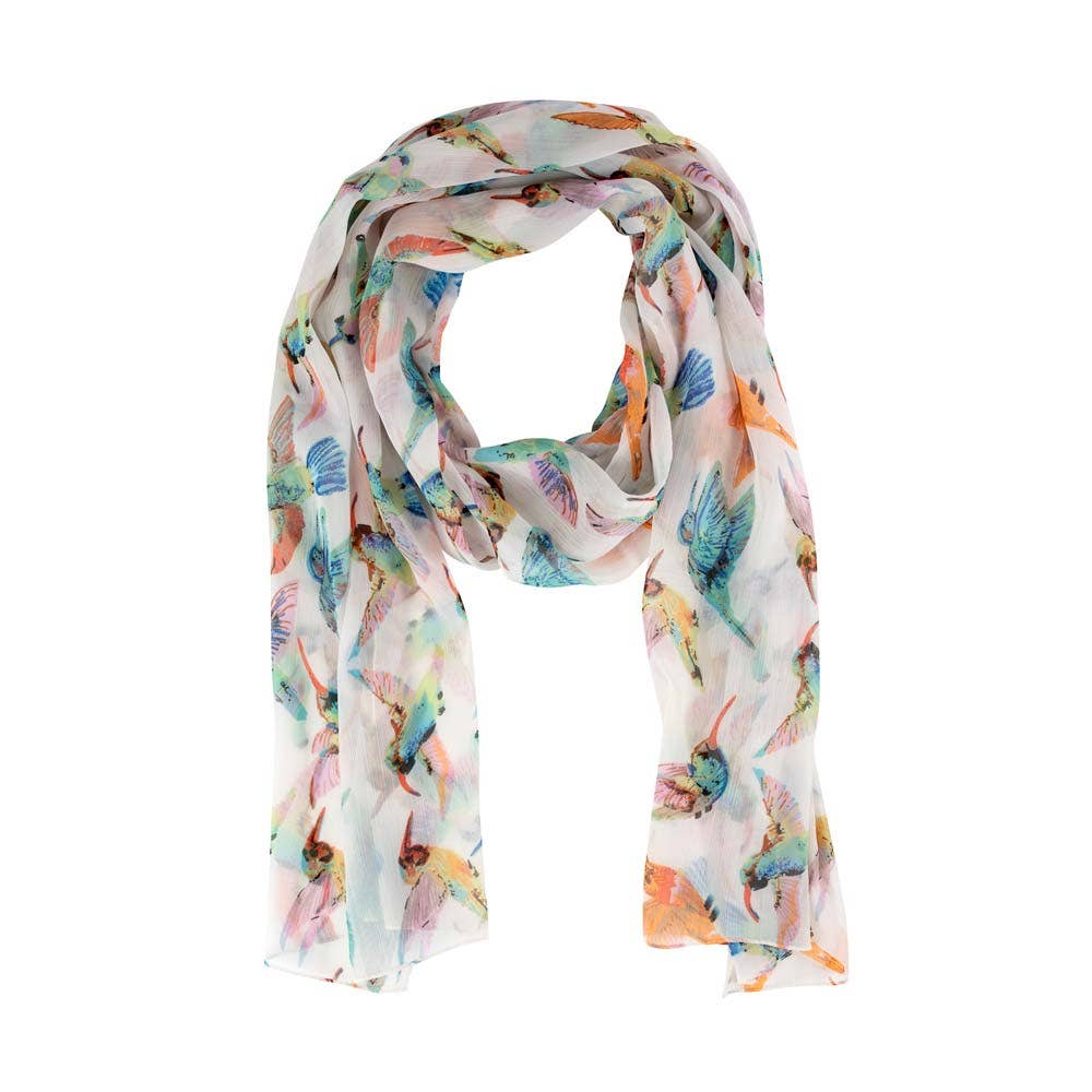 A light chiffon scarf with a floral and hummingbird pattern by Ten Thousand Villages