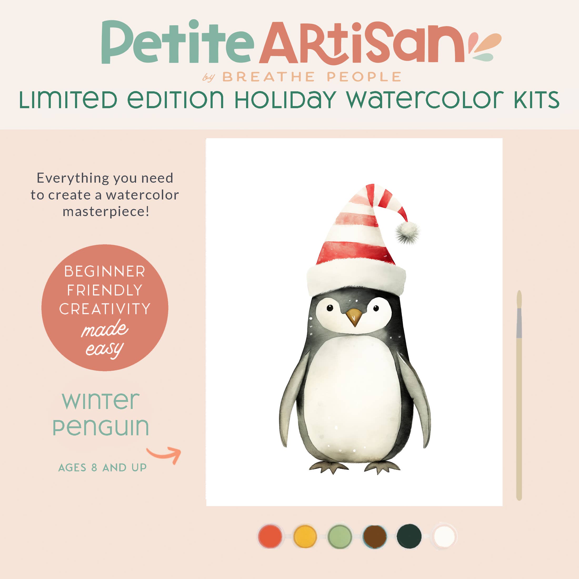 Kids Penguin Holiday Watercolor Kit by Breathe People, featuring a holiday watercolor kit with a penguin wearing a Santa hat on a beige background.