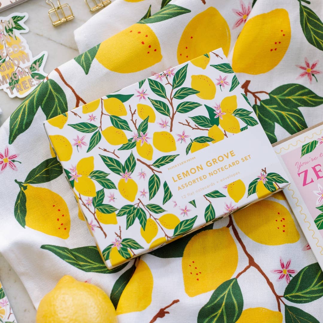Up-close picture of the box for Lemon Notecard Set by Paper Farm Press