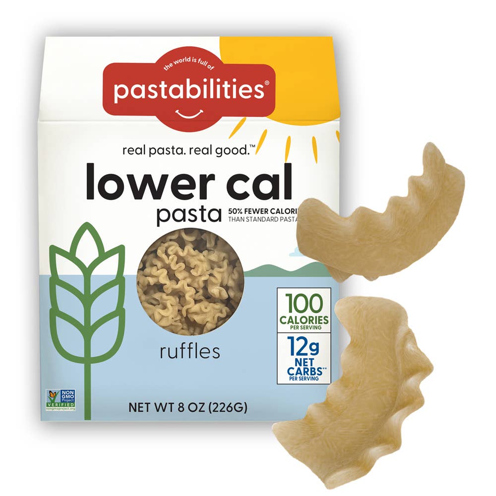 Pastabilities lower cal pasta packaging with ruffled pasta pieces on a white background