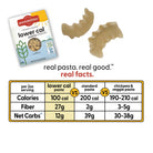 Pastabilities lower cal pasta packaging with pasta pieces and nutritional comparison chart on a white background.