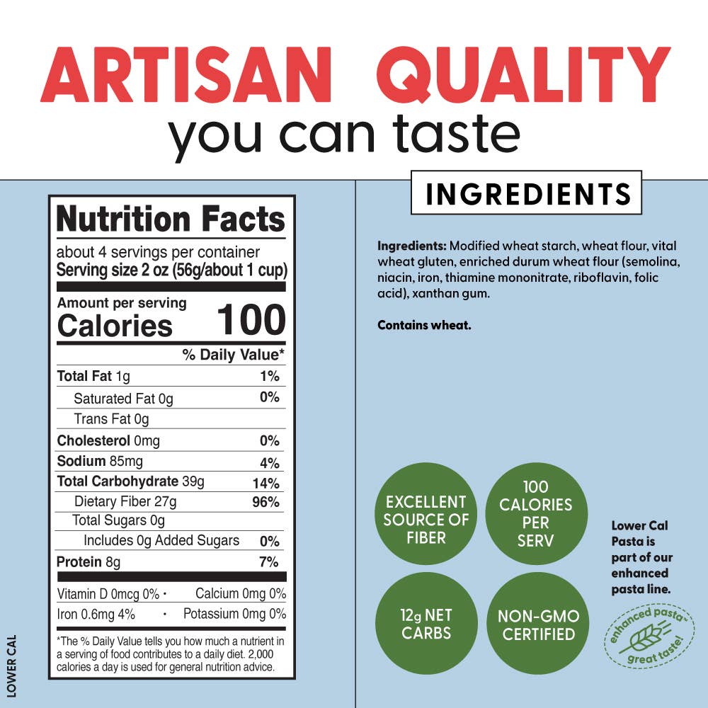 Nutrition Facts and Ingredients Label for Pastabilities Lower Cal Ruffles Pasta