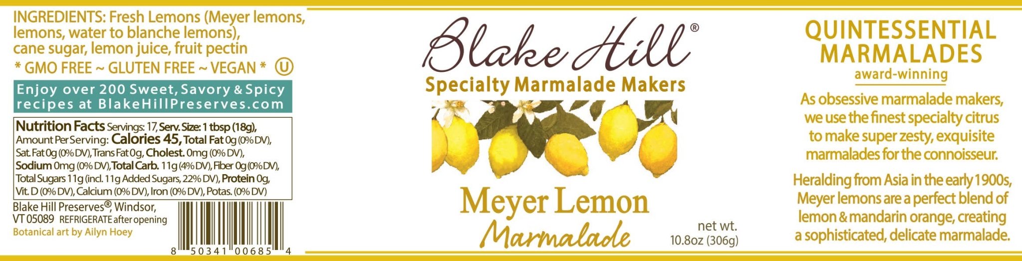 Nutrition/Ingredient label for Meyer Lemon Marmalade by Blake Hill Preserves – a gourmet citrus preserve