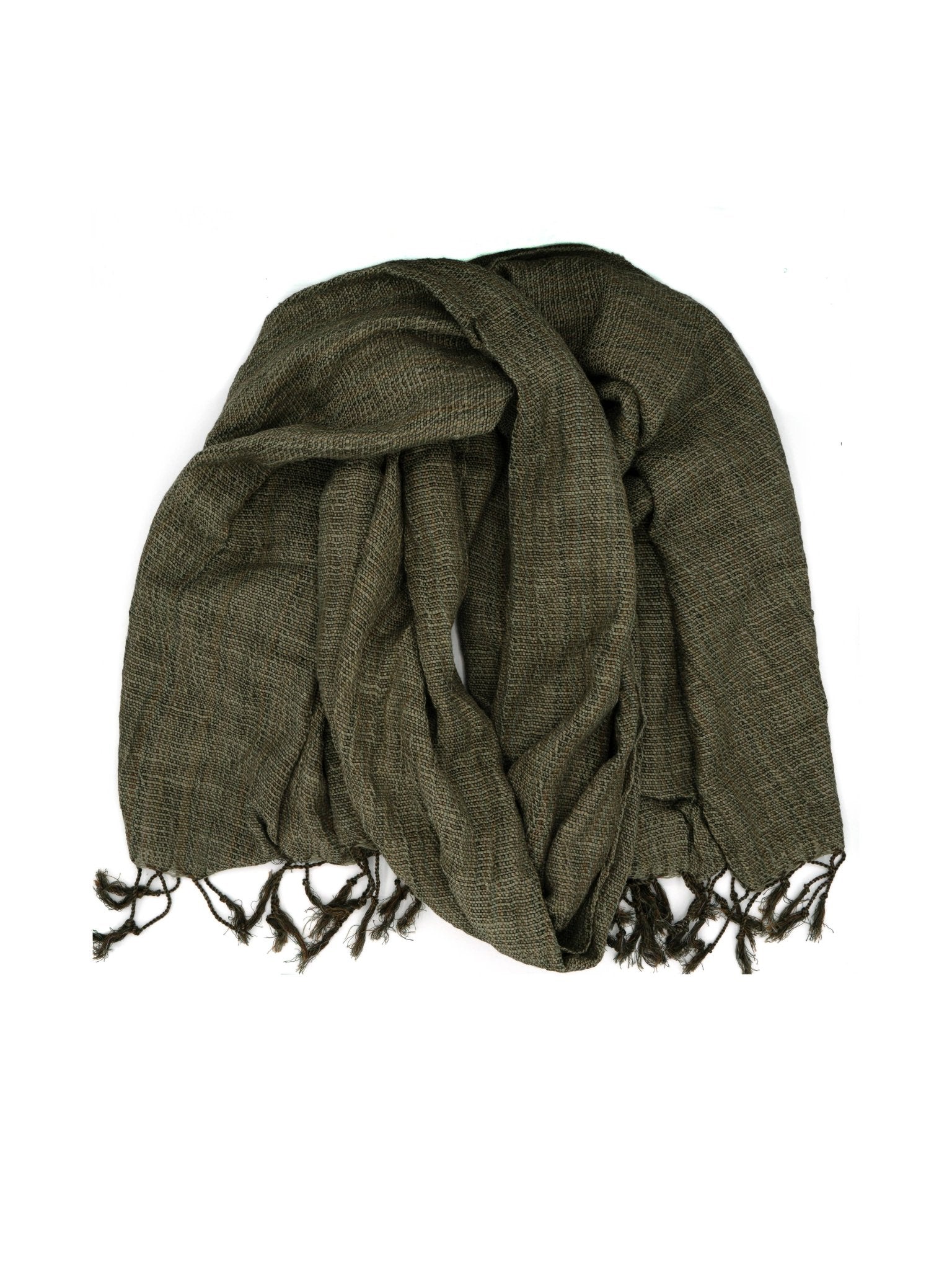 The Moss Woven Cotton Scarf by Fair Anita features soft fringes and a natural, earthy tone.