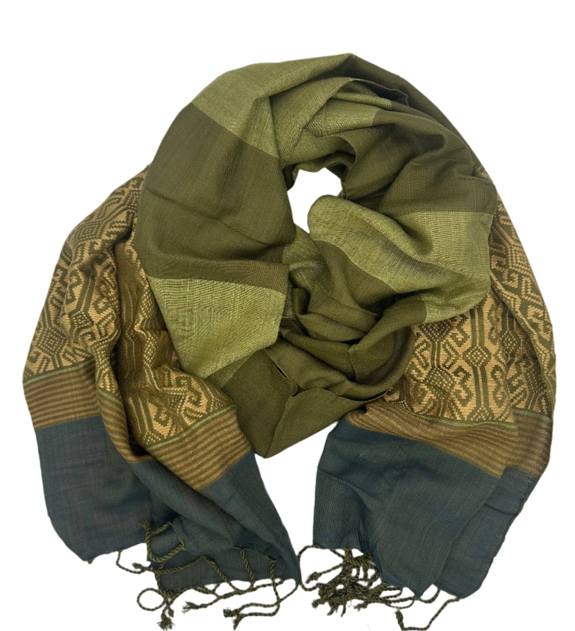 Close-up of the Mossy Hillside Woven Scarf by Fair Anita, showcasing its earthy green and brown pattern.