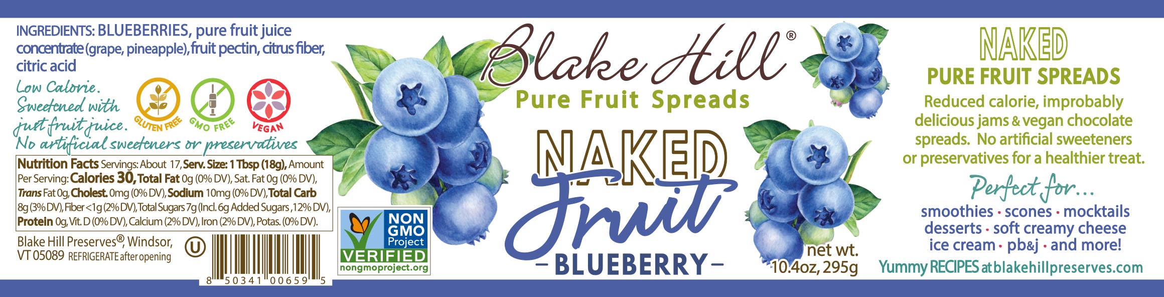 Nutrition/Ingredient Label for Naked Blueberry Spread by Blake Hill Preserves – a no-sugar blueberry spread