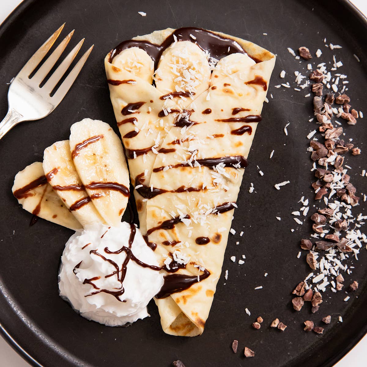 Crepes drizzled with Naked Chocolate Mint Spread by Blake Hill Preserves – a vegan chocolate mint spread