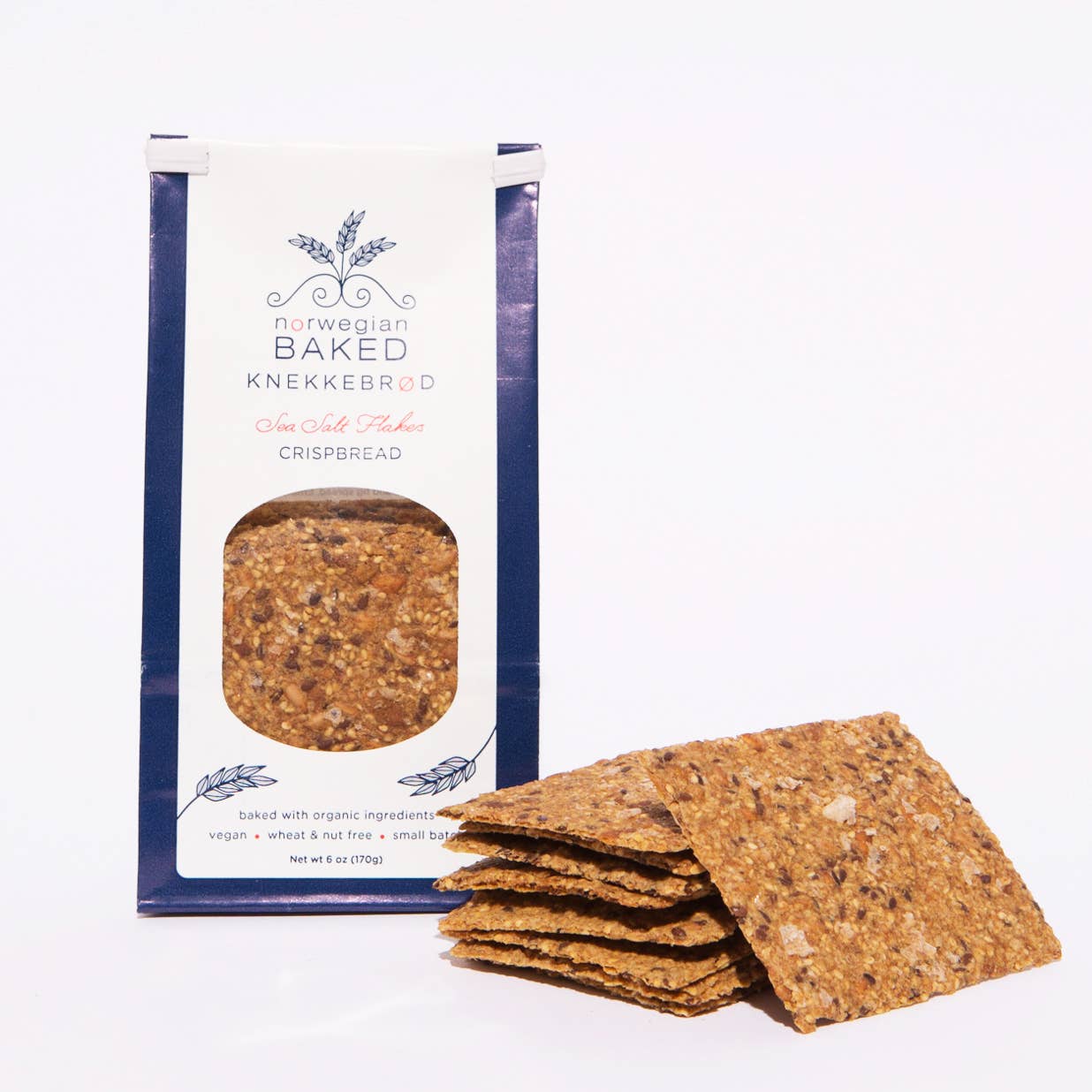 Norwegian Baked Knekkebræd sea salt crispbread packaging with crackers on a white background