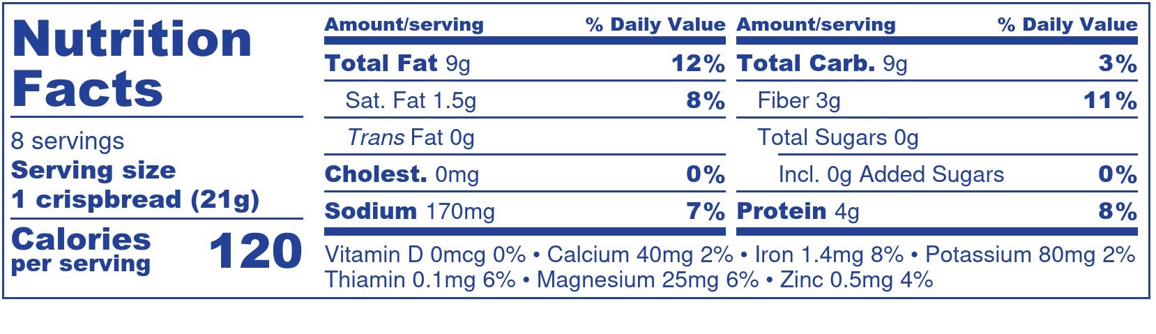 Nutrition facts label for a crissbread product with serving size, calories, and nutritional values.