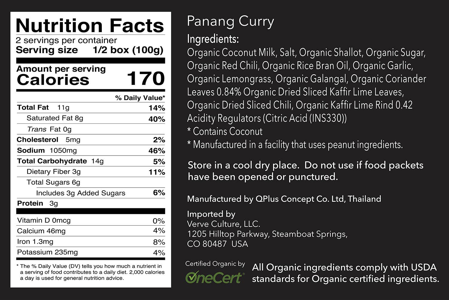 Nutrition and Ingredient Label for Organic Panang Curry Cooking Kit by Verve Culture – organic, vegan, and gluten-free
