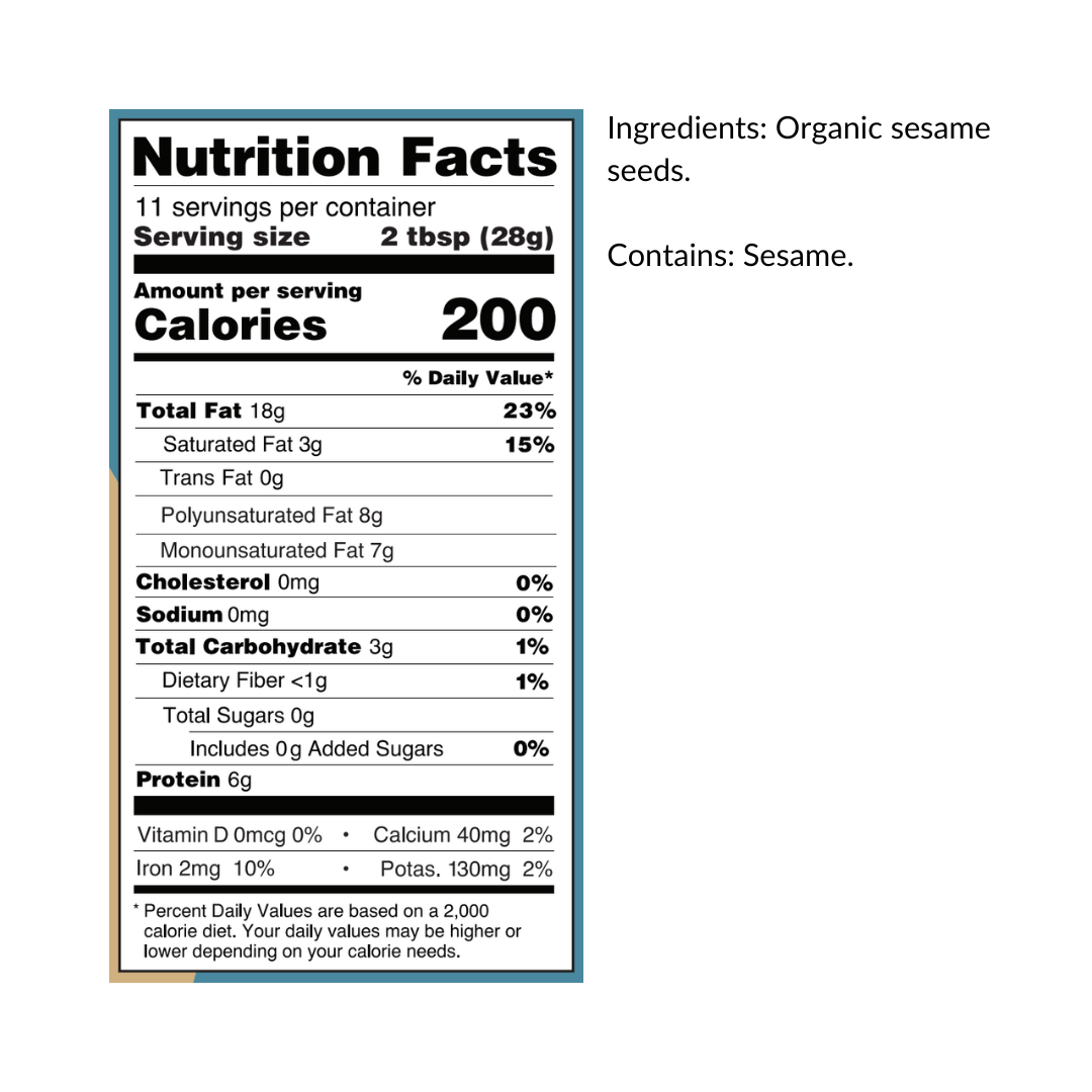 Nutrition label of the Organic Tahini Squeeze Bottle by Seed + Mill – vegan, gluten-free