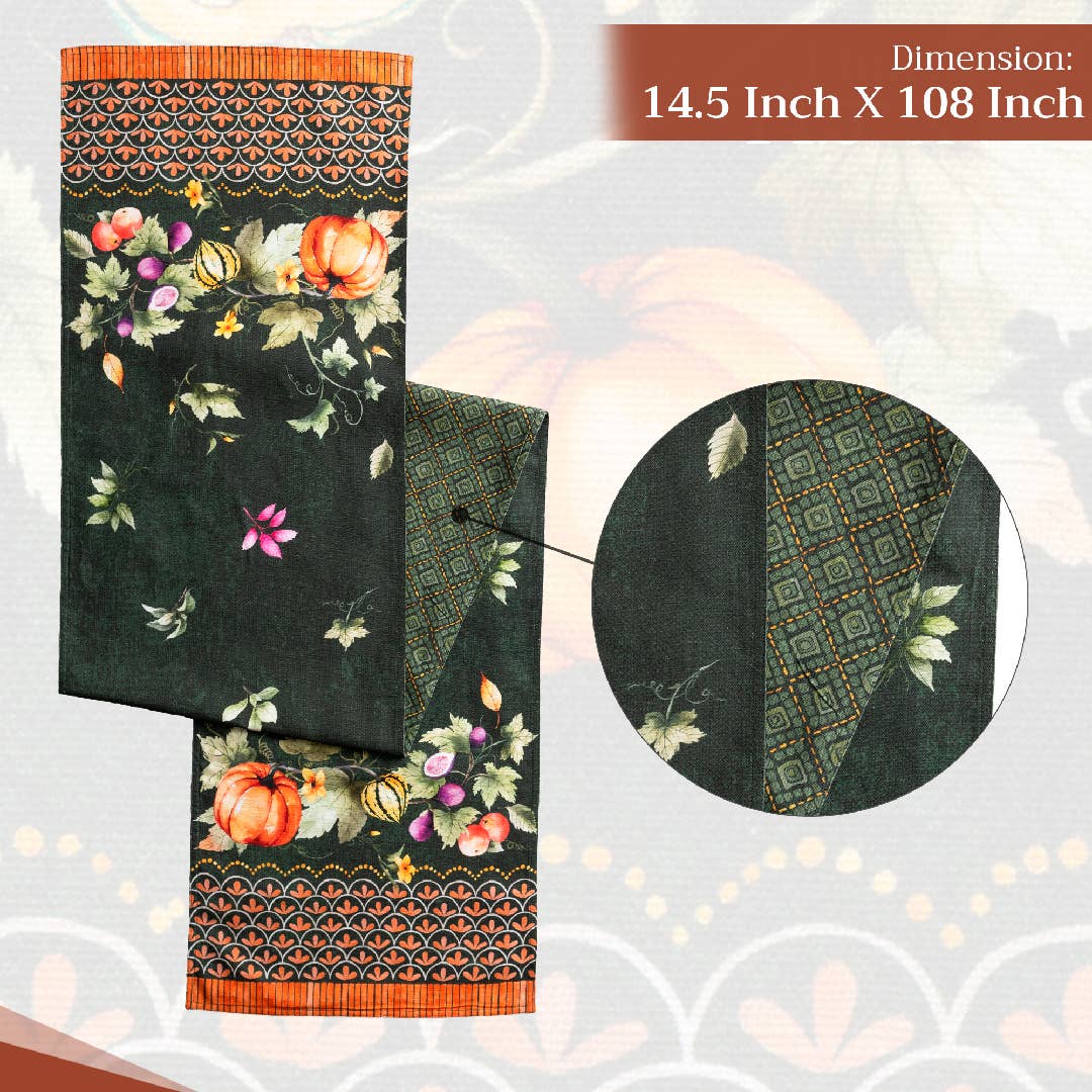 Pumpkin Garden Table Runner by Maison d'Hermine with floral and geometric patterns, shown with dimensions.