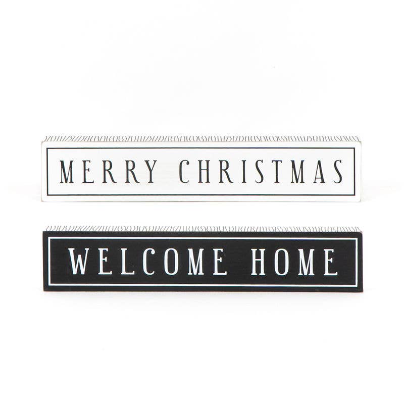 Reversible Christmas Sign with 'Merry Christmas' and 'Welcome Home' text on a white background.