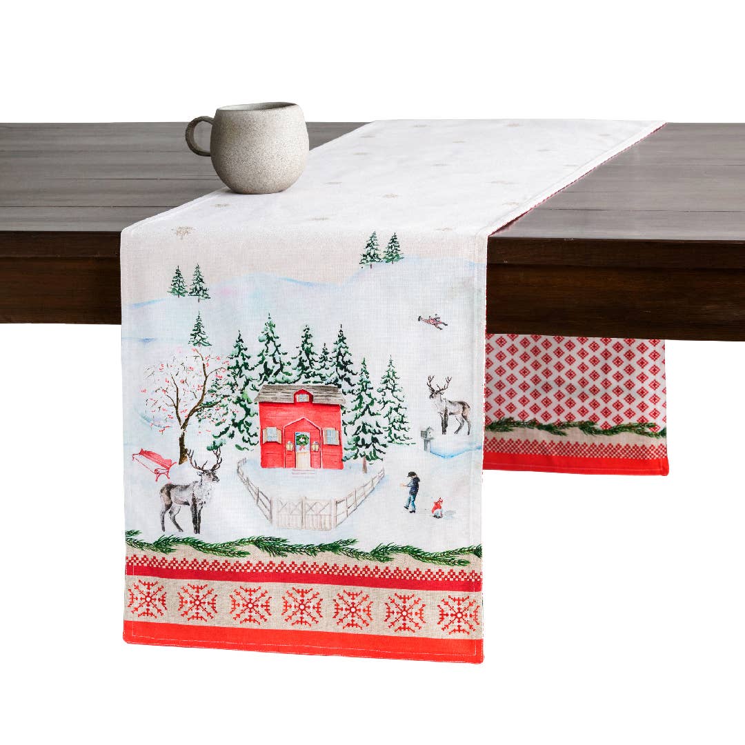 Rural Christmas Table Runner by Maison d'Hermine, featuring a charming winter scene and a red cabin design, set on a wooden table