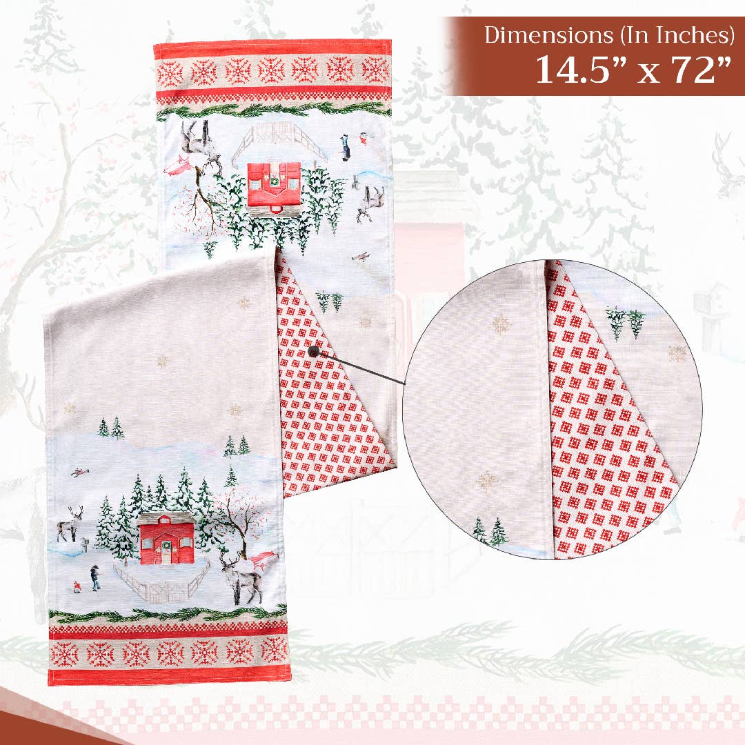 Dimensions of the Rural Christmas Table Runner by Maison d'Hermine, featuring reindeer and houses on a white background