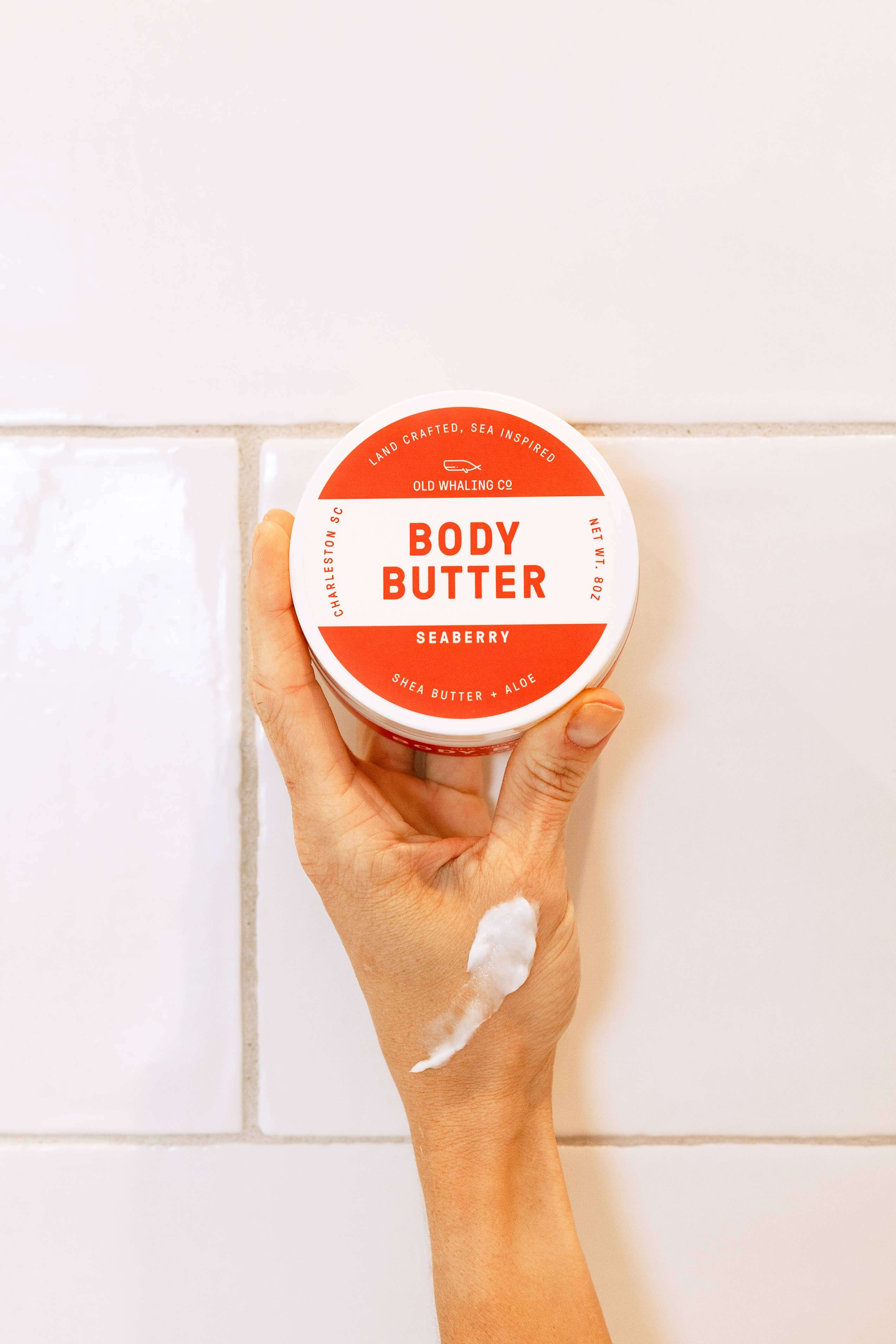 Close-up of Seaberry 8oz body butter by Old Whaling Co in a plastic jar