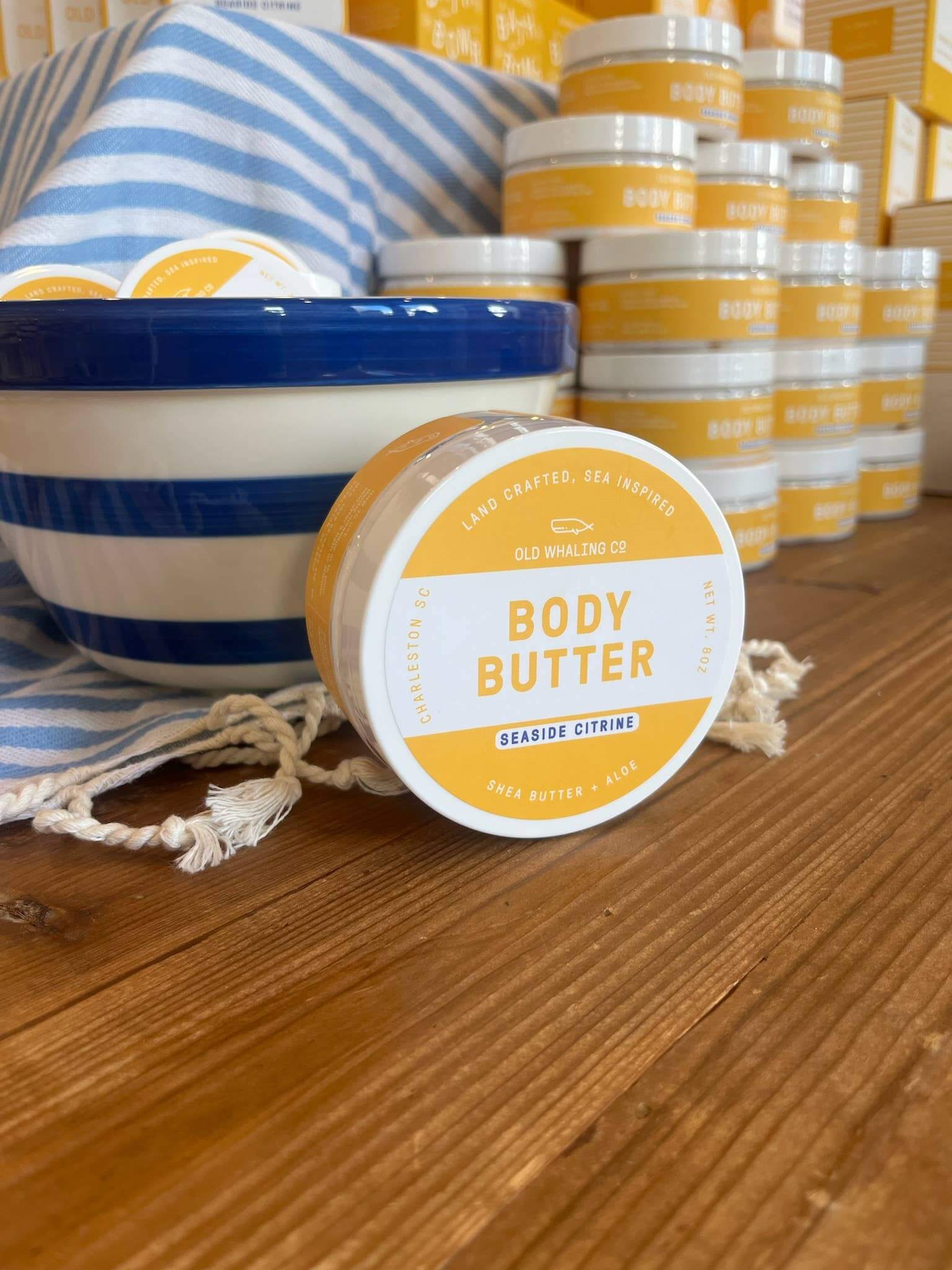Close-up of Seaside Citrine 8oz body butter by Old Whaling Co in a plastic jar