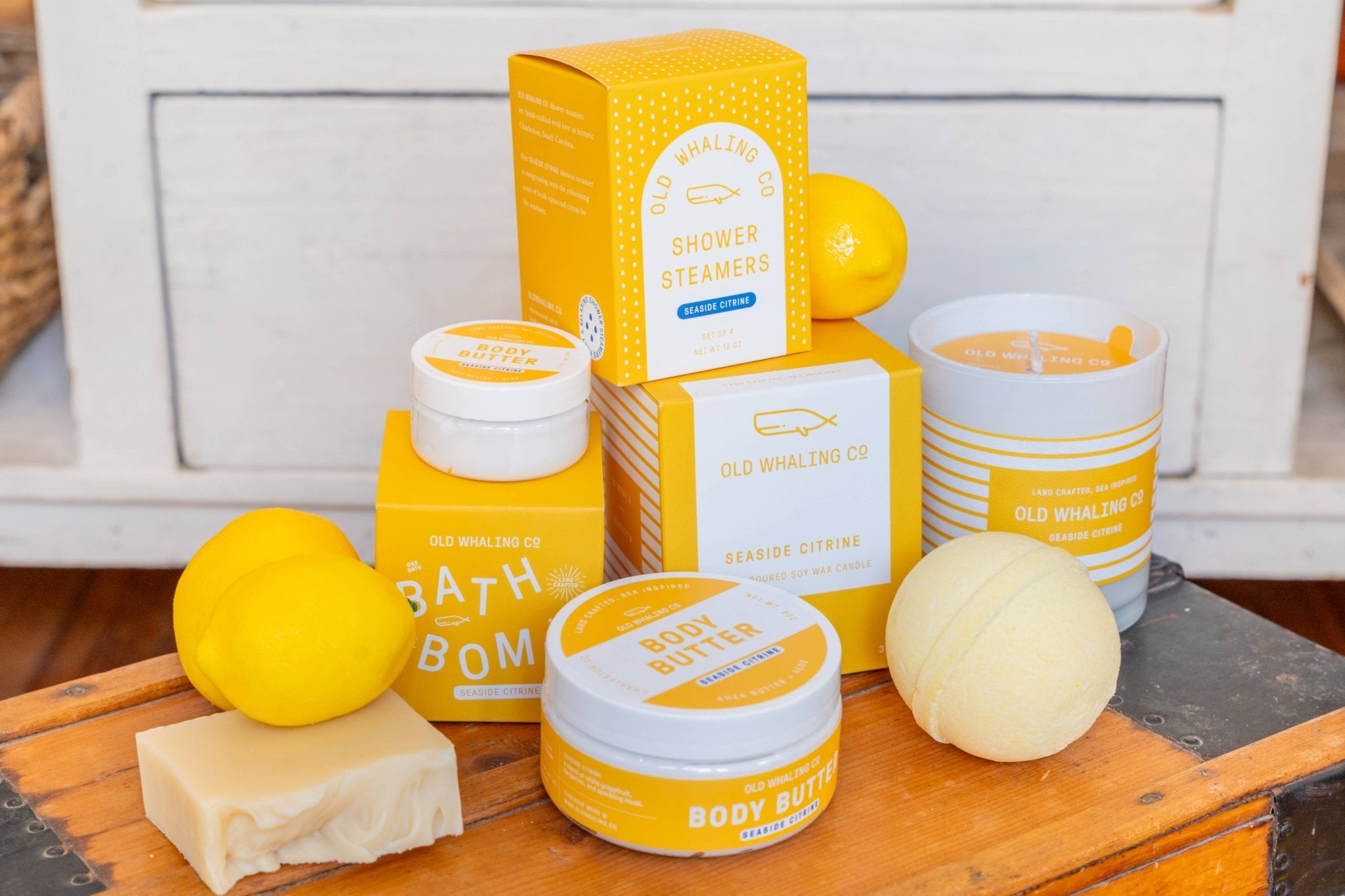 Seaside Citrine shower steamers by Old Whaling Co surrounded with other Seaside Citrine products