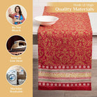 Care Instructions for the Sofia Fall Table Runner by Maison d’Hermine with Gold Patterns on a Wooden Table
