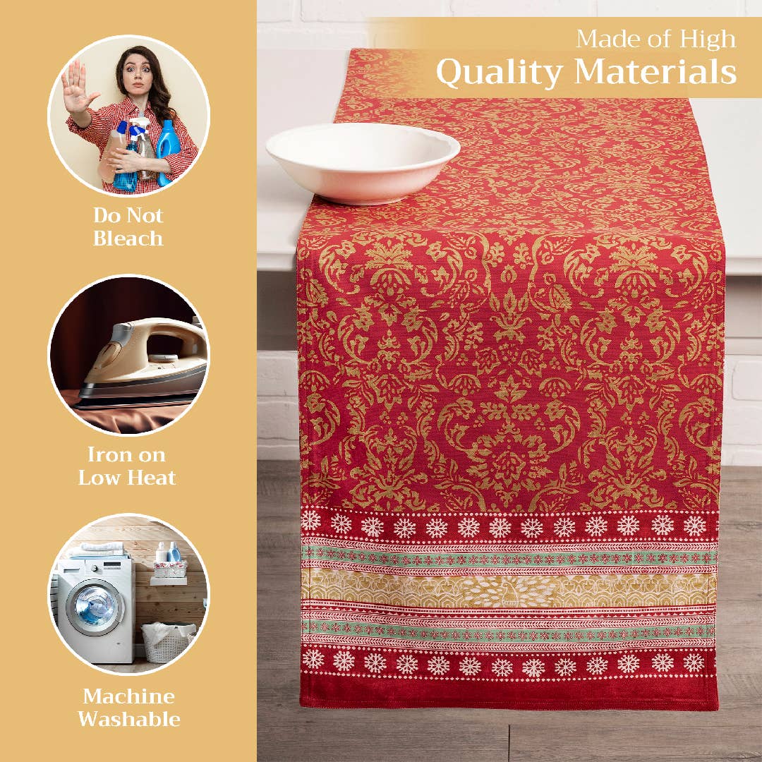 Care Instructions for the Sofia Fall Table Runner by Maison d’Hermine with Gold Patterns on a Wooden Table