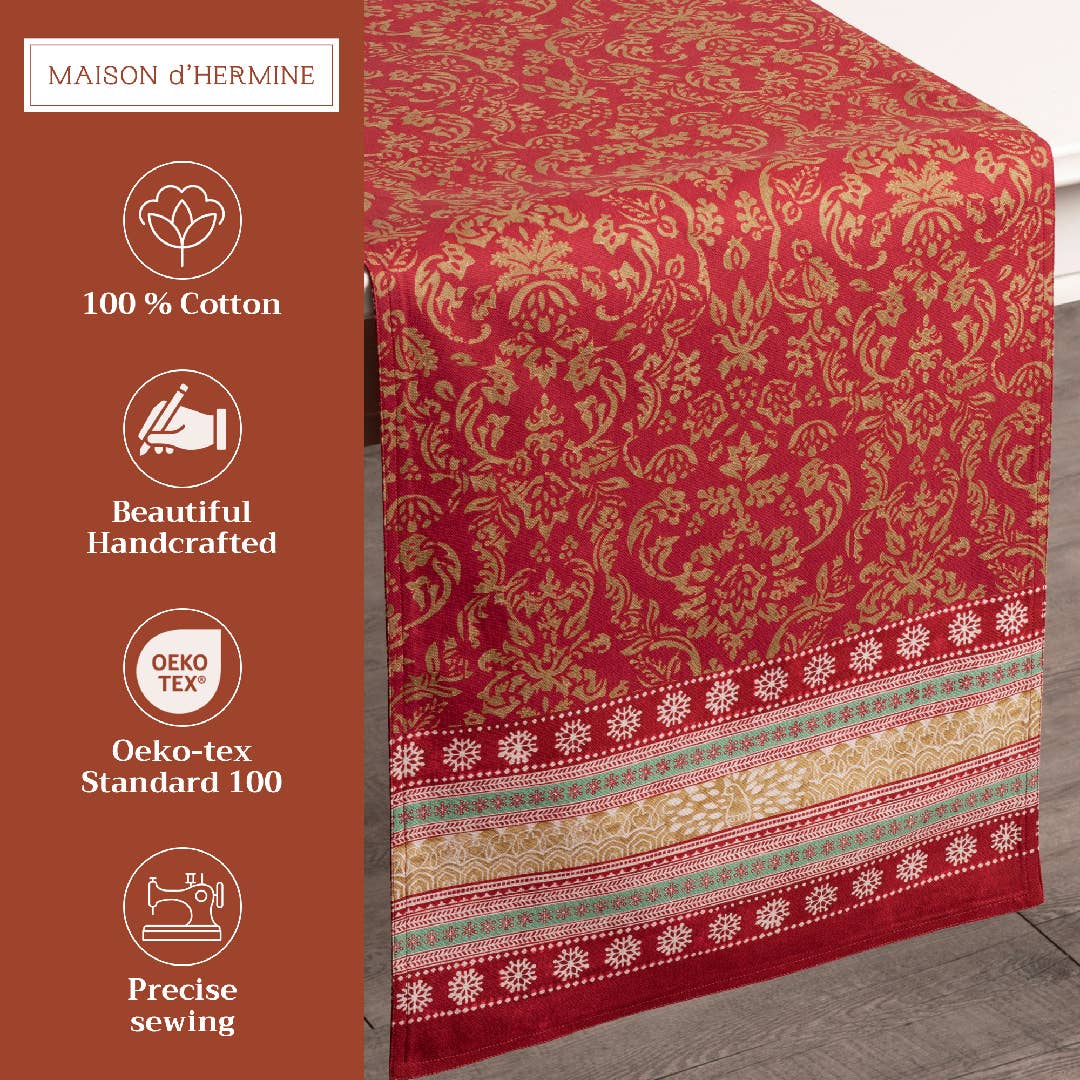 Sofia Fall Table Runner with elegant gold patterns, displayed on a wooden table, showcasing the Maison d'Hermine branding and product details.