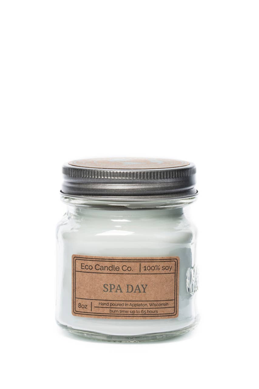 Spa Day Soy Candle by Eco Candle Company in a glass jar with a metal lid