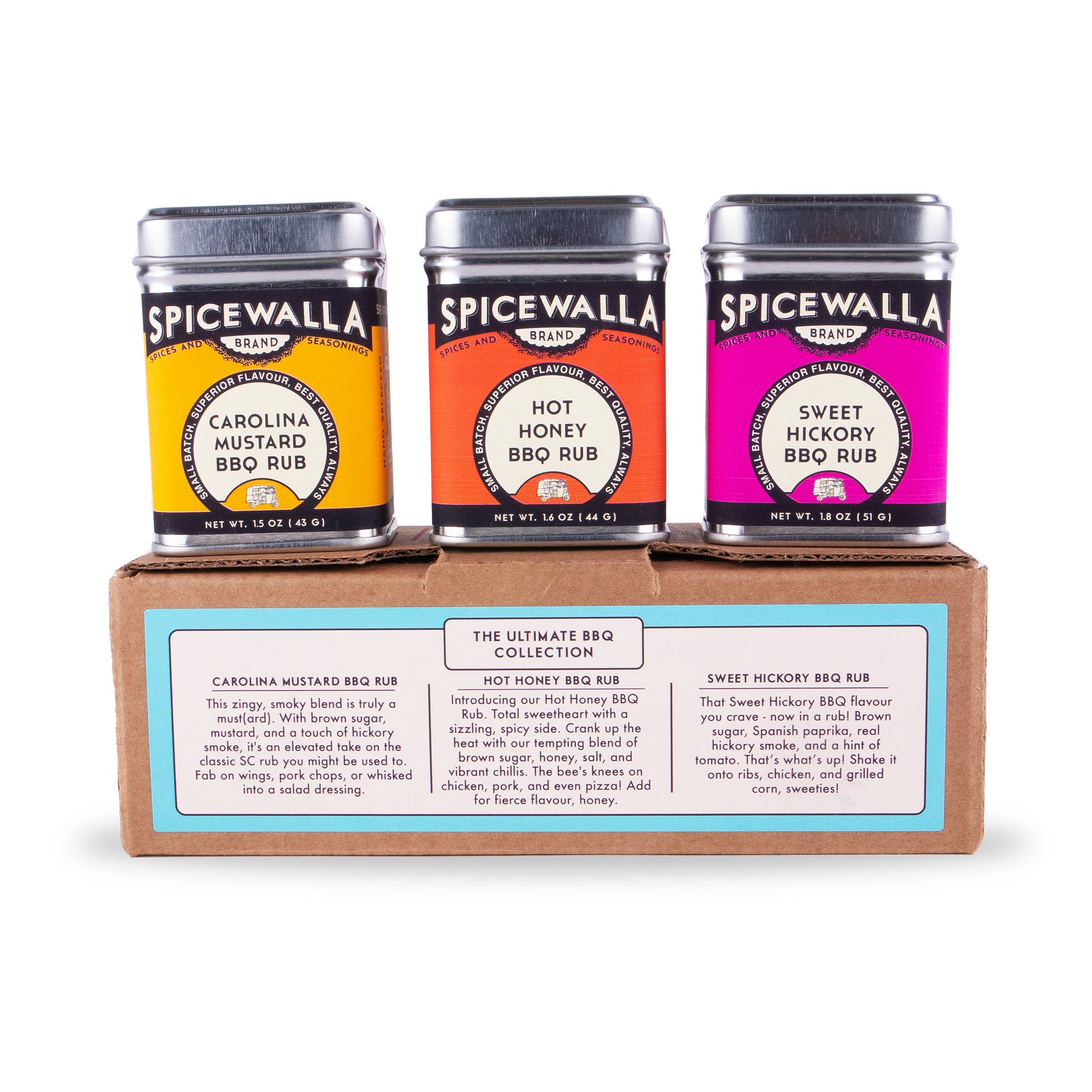 Spicewalla BBQ rub gift set with Carolina Mustard, Hot Honey, and Sweet Hickory seasonings with product descriptions