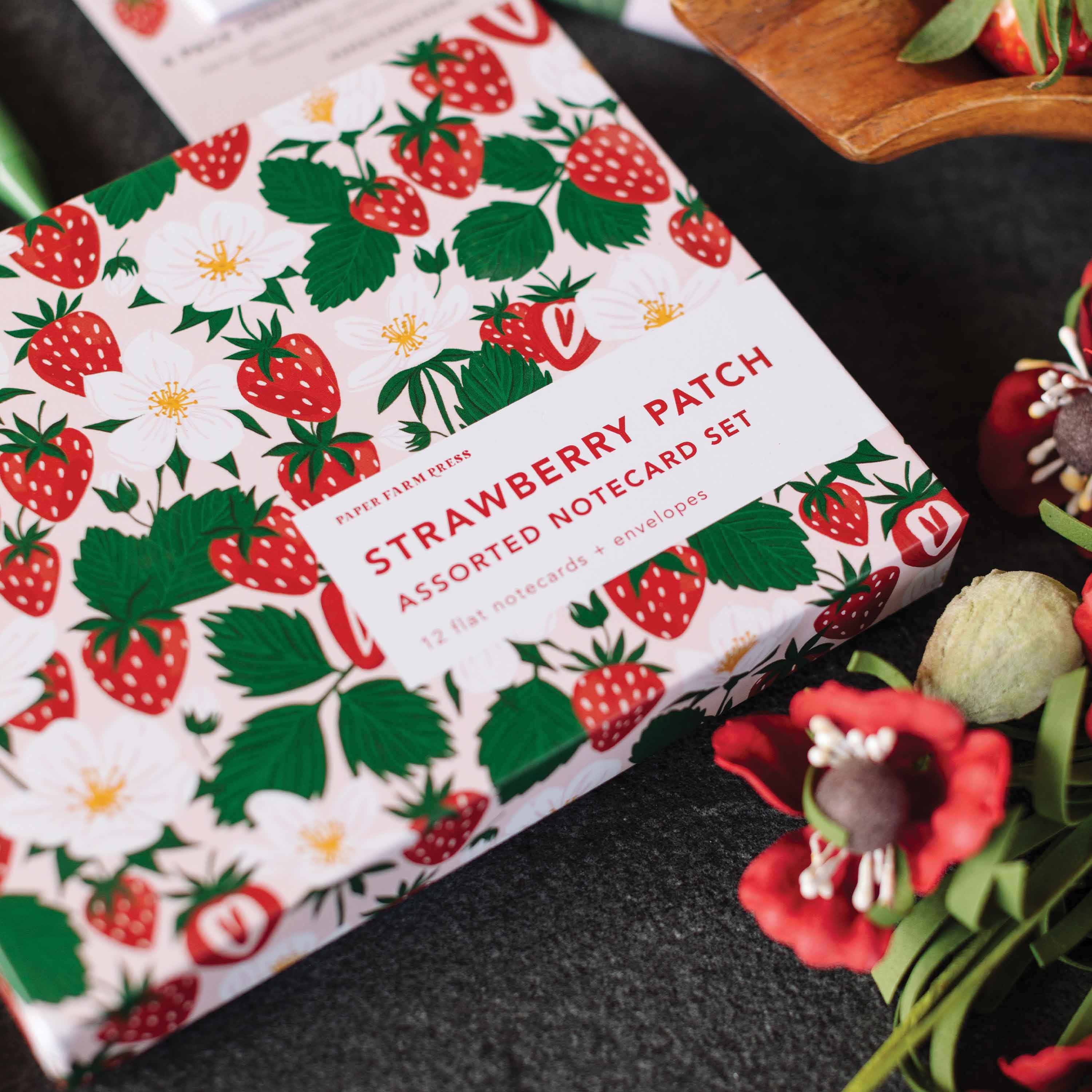 Up-close picture of the box for Strawberry Notecard Set by Paper Farm Press