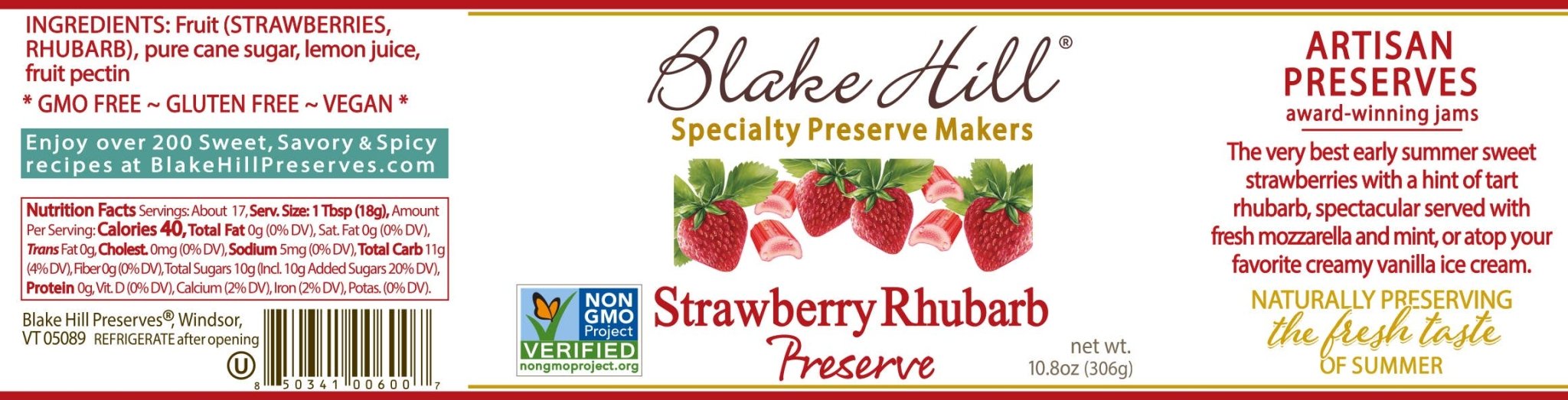 Nutrition/Ingredient Label for Strawberry Rhubarb Preserve by Blake Hill Preserves – a gourmet homemade preserve